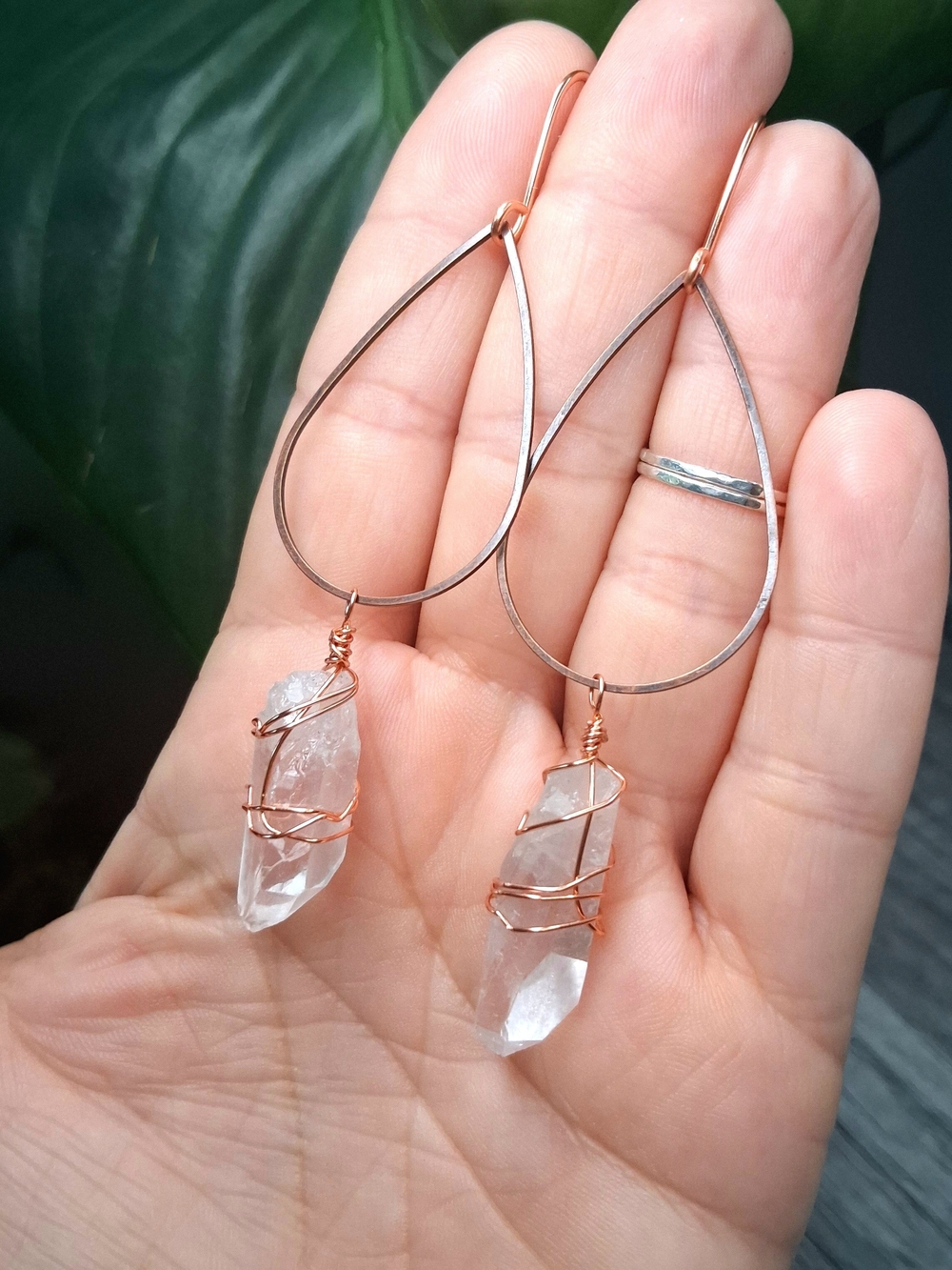 Copper and Clear Quartz Crystal Teardrop Wire Wrap Earrings - Picture 4 of 6